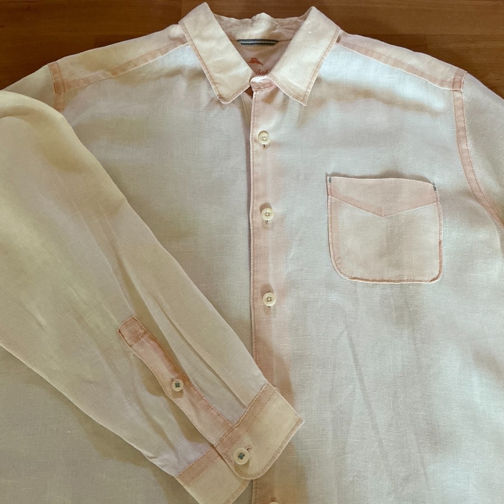 Tommy Bahama Relax XL 100% Linen Button Up Shirt Light Pink Peach Long Sleeve